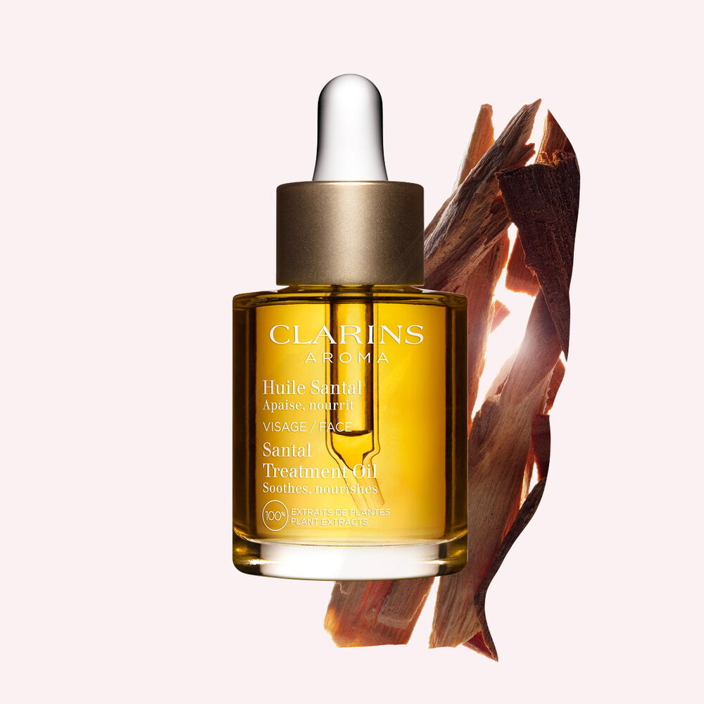 Huile Santal da Clarins com extratos de plantas 100% puros, para nutrir profundamente e acalmar a pele muito seca.