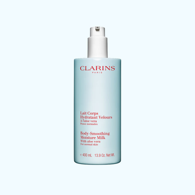 Clarins Lait Corps Hydratant Velours com ingredientes bio para hidratar, suavizar e proteger visivelmente a pele quotidianamente.