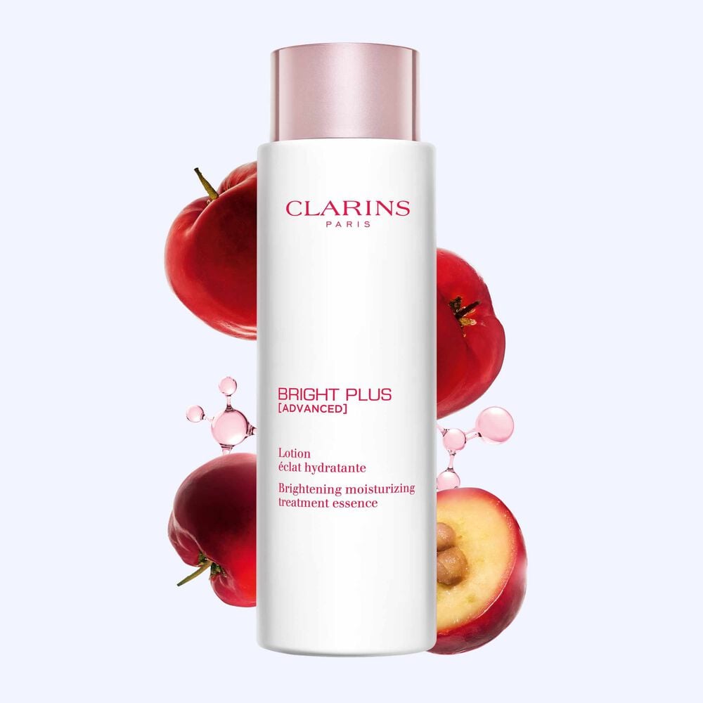 Imagem de Clarins Brightening Moisturizer Lotion frente a mol&eacute;culas de acerola e niacinamida com os ingredientes principais.