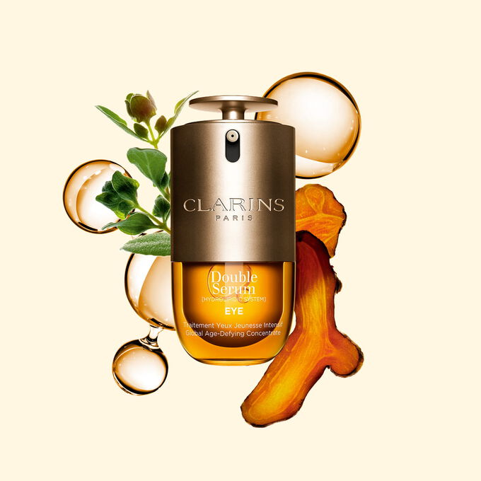 Double Serum Eye s&eacute;rum para o contorno dos olhos com curcuma, manjerona, niacinamida e cafe&iacute;na, para uma rotina completa de cuidado hidratante do contorno dos olhos.