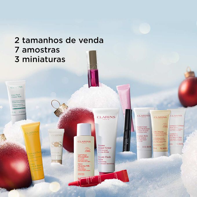 Calendário do Advento 12 Dias de Maquilhagem: 2 produtos de tamanho de venda, 7 amostras e 3 minis da gama essenciais Clarins