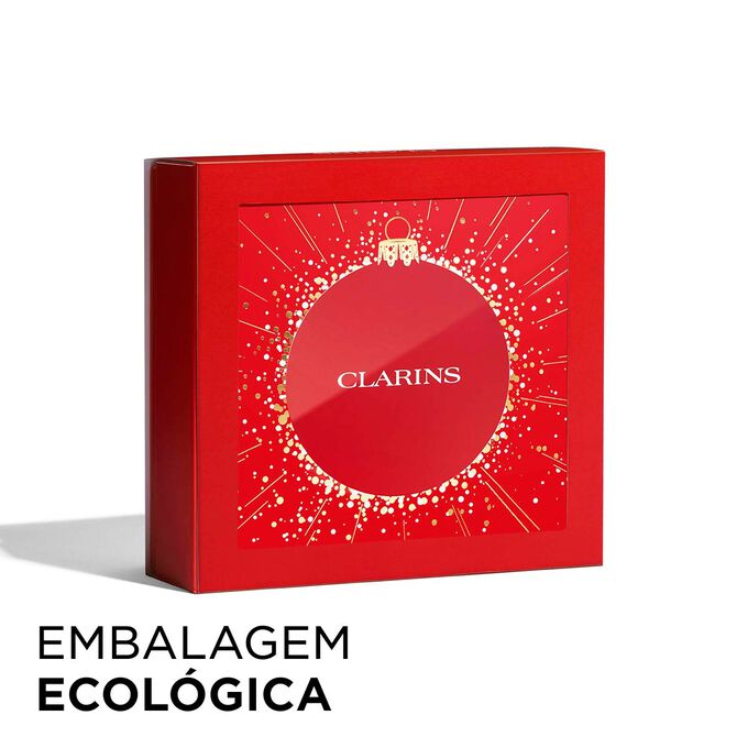 Imagem do coffret de Natal da Clarins com embalagem ecológica, que realça sustentabilidade e atenção na oferta de presentes.