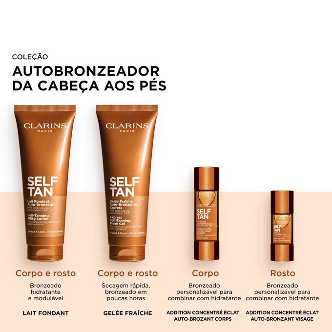 Imagem dos autobronzeadores Clarins, produtos autobronzeadores para rosto e corpo, luminosidade dourada e beijada pelo sol.