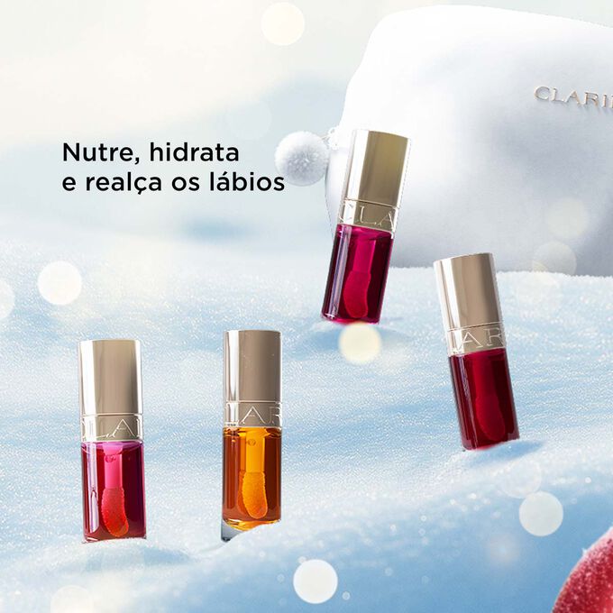 Coffret de Natal Clarins com destaque para os óleos de lábios que nutrem, hidratam e realçam os lábios com um brilho natural