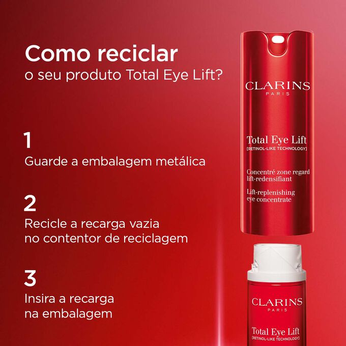 Como reciclar o processo de Clarins Total Eye Lift: Guarde a embalagem metálica, recicle a recarga vazia e insira uma nova recarga na embalagem.