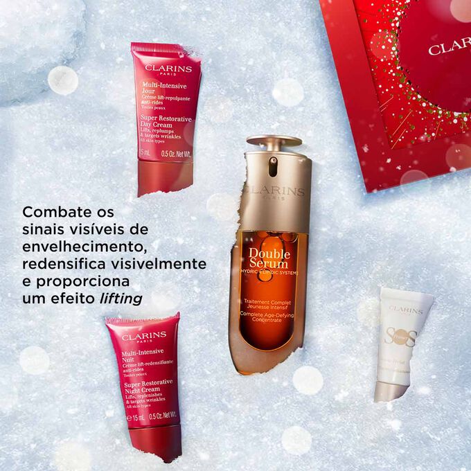 Coffret de cuidados anti-idade Clarins, resultados visíveis de lifting, firmeza e alisamento para um aspeto jovem e radiante