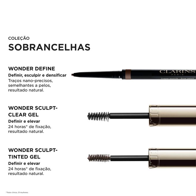 Rotina de defini&ccedil;&atilde;o das sobrancelhas Clarins com produtos essenciais: Wonder Define, Sculpt-Clear Gel e Sculpt-Tinted Gel para uma eleva&ccedil;&atilde;o natural e 24 horas de fixa&ccedil;&atilde;o.