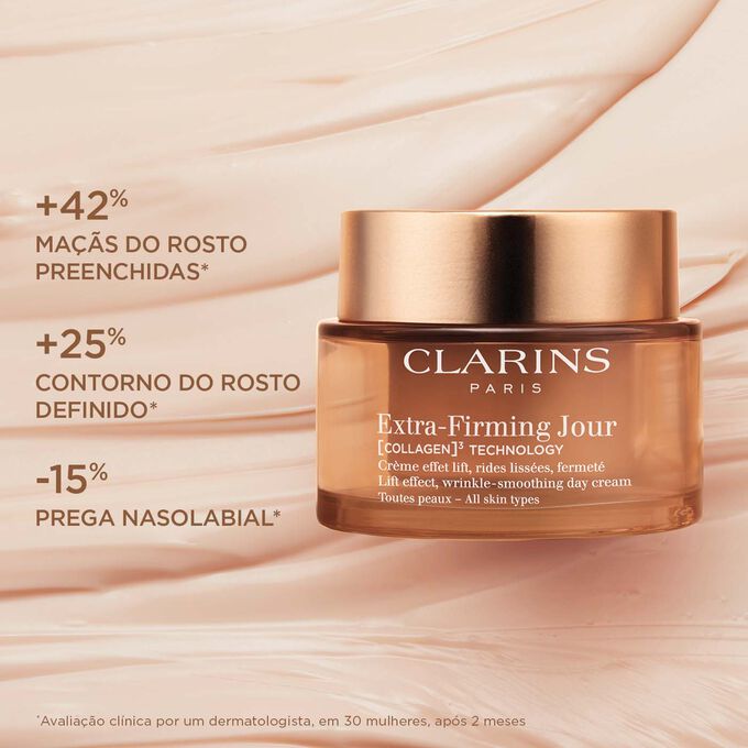 Imagem da embalagem do creme Extra-Firming Jour para ilustrar o efeito de preenchimento das maçãs do rosto, definição do contorno do rosto e pregas nasolabiais.