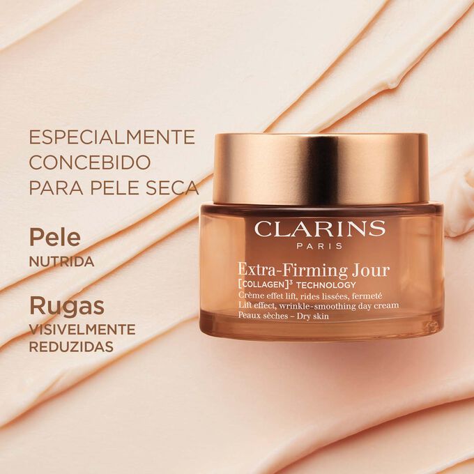 Imagem da embalagem do creme Extra-Firming Jour para pele seca, para ilustrar os seus efeitos visíveis de redução das rugas e elevada nutrição