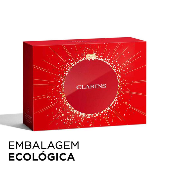 Imagem do coffret de Natal da Clarins com embalagem ecol&oacute;gica, que real&ccedil;a sustentabilidade e aten&ccedil;&atilde;o na oferta de presentes.