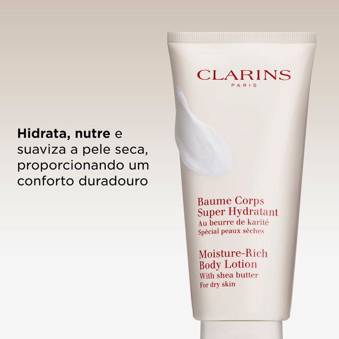 Embalagem de Baume Corps Super Hydratant com destaque dos principais benef&iacute;cios do produto, como hidratar, nutrir e suavizar a pele muito seca.