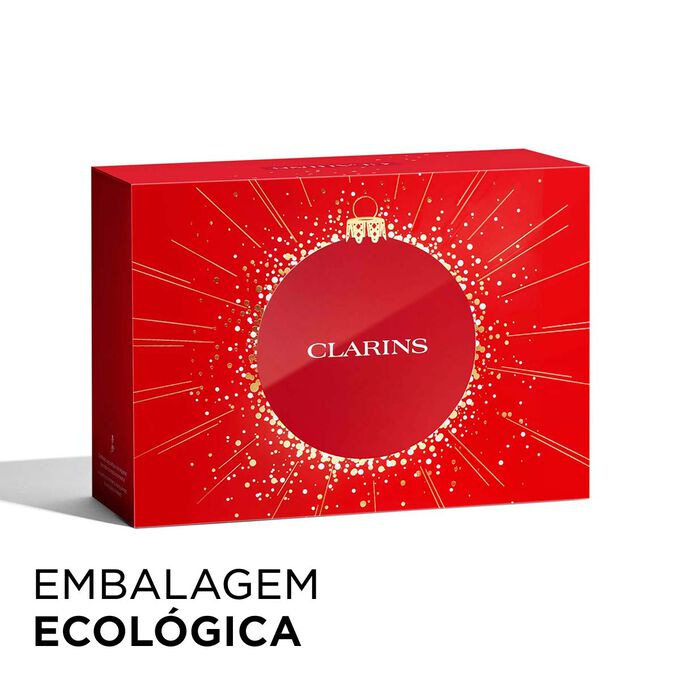 Imagem do coffret de Natal da Clarins com embalagem ecol&oacute;gica, que real&ccedil;a sustentabilidade e aten&ccedil;&atilde;o na oferta de presentes.