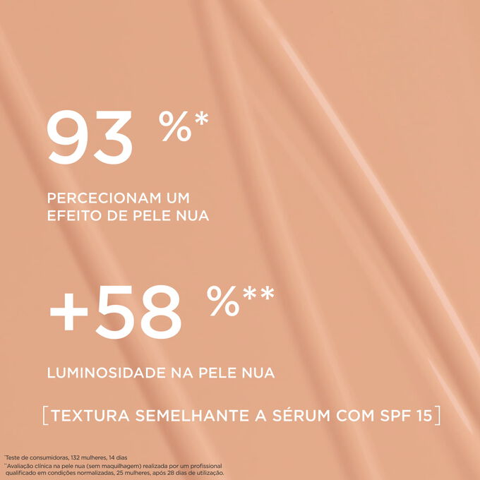 Esta base semelhante a s&eacute;rum proporciona um acabamento de base natural, real&ccedil;ando a luminosidade da pele em 93% das mulheres que a testaram.