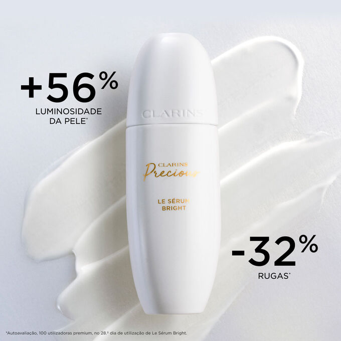 Clarins Precious Le S&eacute;rum Bright sobre fundo texturizado, destacando a luminosidade da pele e a redu&ccedil;&atilde;o das rugas.