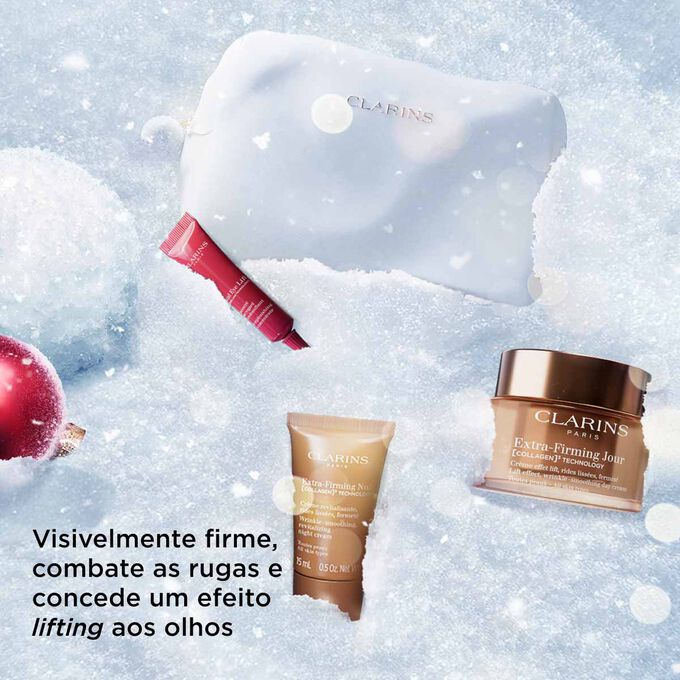 Imagem do coffret de Natal Clarins com destaque para o cuidado de firmeza que proporciona um efeito lifting &agrave; pele, alisa as rugas e ilumina o olhar