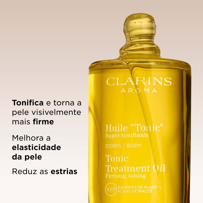 Clarins Huile "Tonic" para o corpo, para tonificar e tornar a pele visivelmente mais firme, reduzindo simultaneamente as estrias, para uma pele suave e firme.