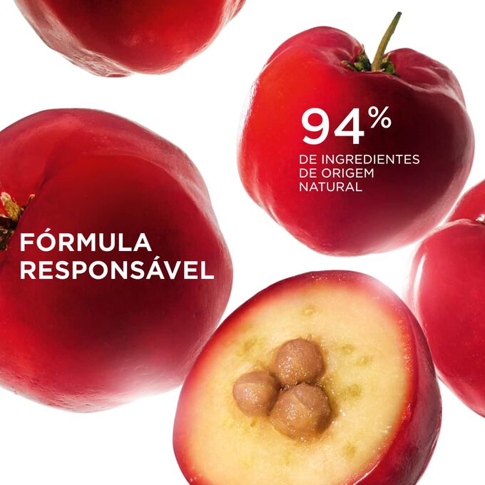 Foco em frutas de acerola, Bright Plus Emulsion com 94% de ingredientes naturais para uma pele mais luminosa e uniforme.