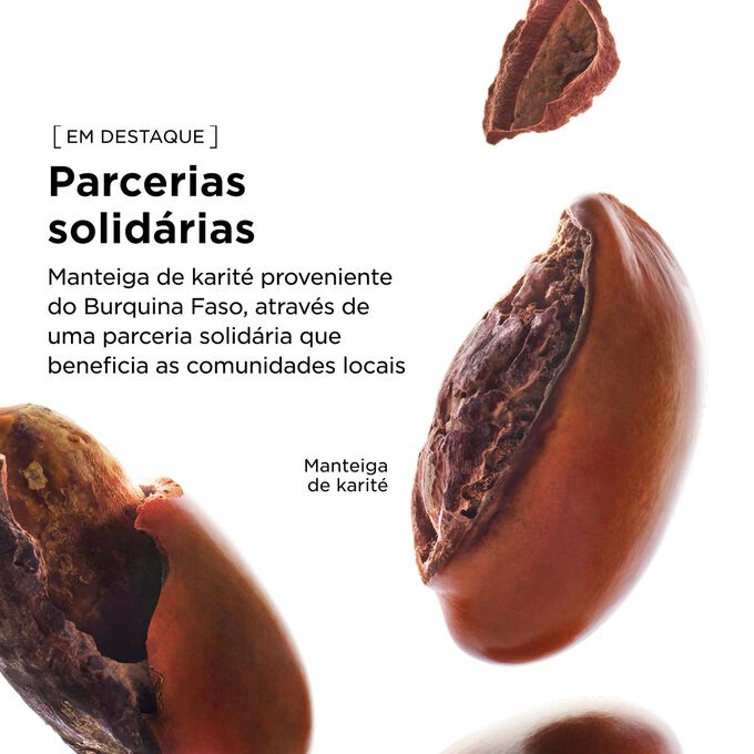 Abastecimento justo da manteiga de karit&eacute; proveniente do Burquina Faso para a produ&ccedil;&atilde;o de um &oacute;leo corporal hidratante sustent&aacute;vel, no &acirc;mbito de uma parceria que apoia as comunidades.