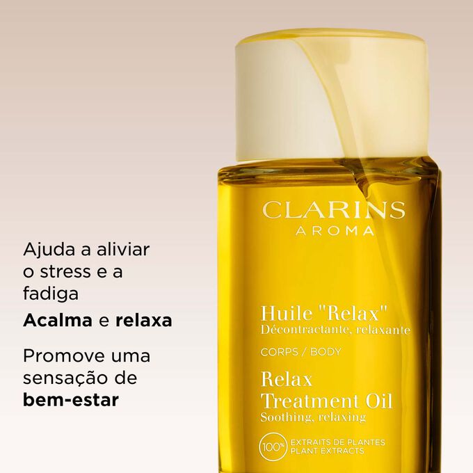 O &oacute;leo corporal relaxante Clarins ajuda a aliviar o stress e a fadiga, acalmando e relaxando a mente, e promovendo uma sensa&ccedil;&atilde;o de bem-estar.