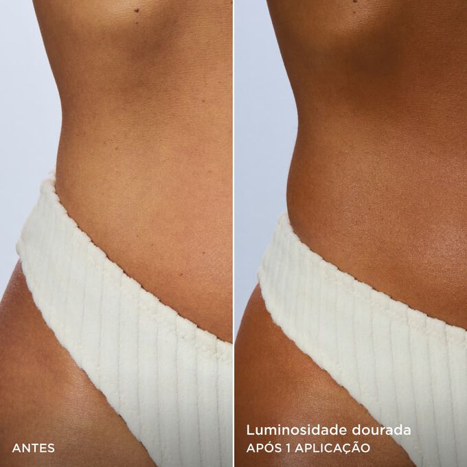 Imagens do antes e depois, corpo de mulher, luminosidade dourada natural com aplica&ccedil;&atilde;o de Clarins Lait Fondant Auto-Bronzant.