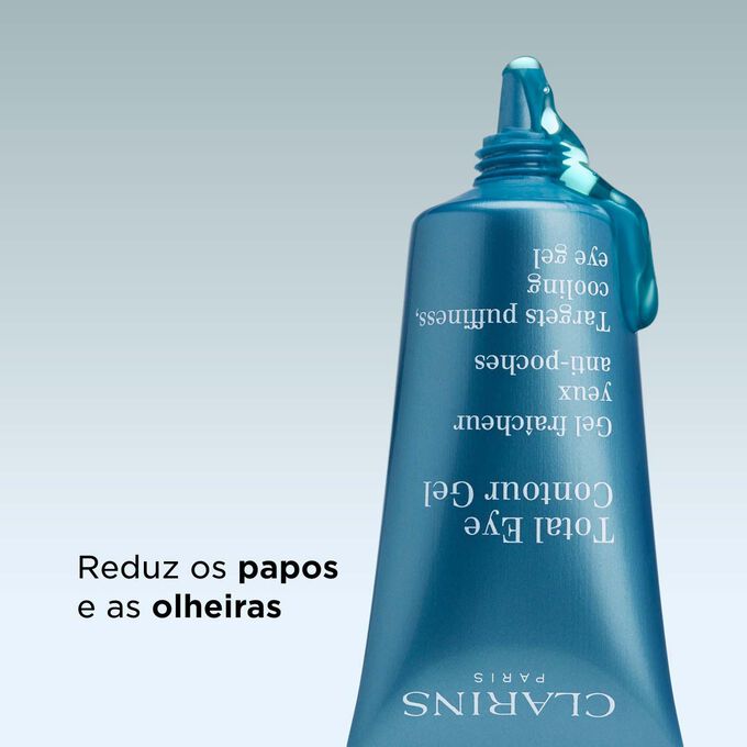Embalagem de gel para o contorno dos olhos Total Eye Contour Gel com apresenta&ccedil;&atilde;o dos resultados cl&iacute;nicos na redu&ccedil;&atilde;o dos papos e olheiras para um aspeto fresco.