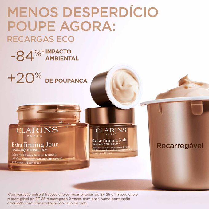 Destaque para a embalagem do creme Extra-Firming Jour para ilustrar que o creme de dia recarregável é uma opção sustentável e económica.