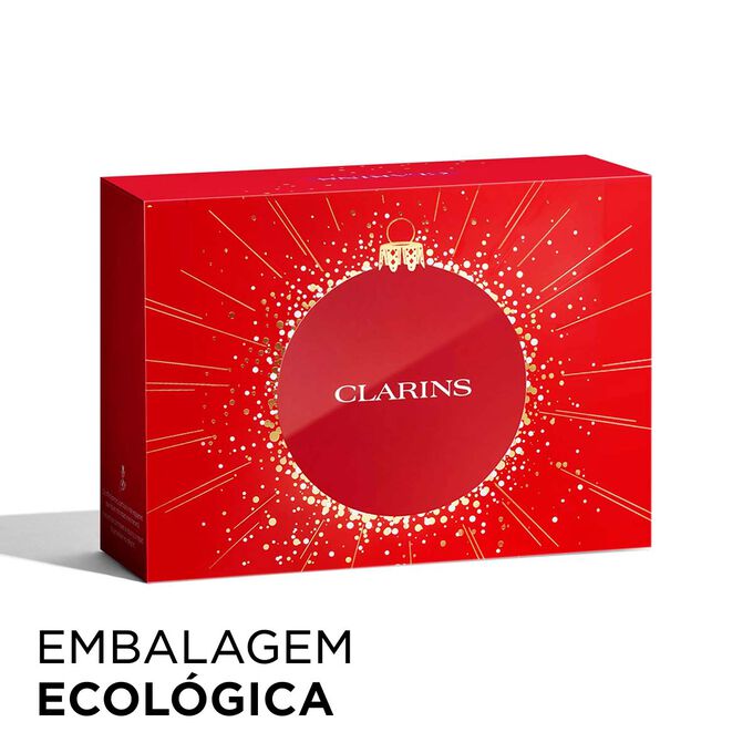 Imagem do coffret de Natal da Clarins com embalagem ecol&oacute;gica, que real&ccedil;a sustentabilidade e aten&ccedil;&atilde;o na oferta de presentes.