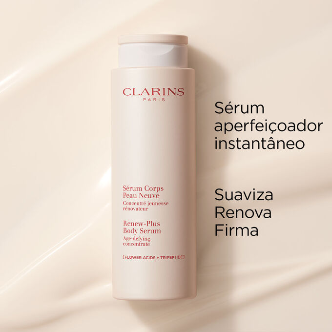 O sérum leitoso aperfeiçoador instantâneo da Clarins para o corpo sobre um fundo cremoso texturado para destacar a sua ação suavizante e firmante