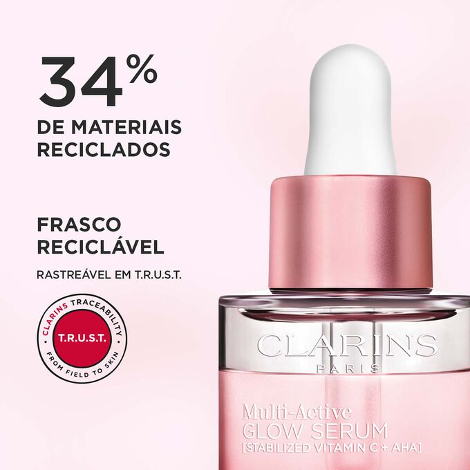 Grande plano da tampa do frasco de Multi-Active Glow Serum, destacando 34% de materiais reciclados e o design reciclável.