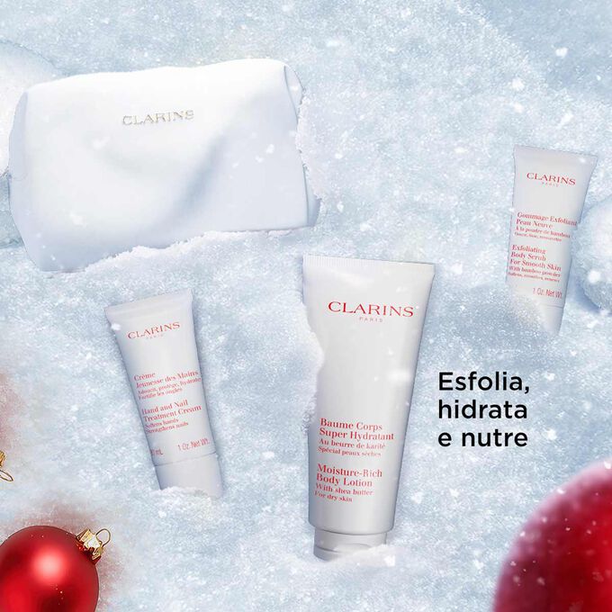 Coffret de Natal corporal Clarins, destacando cuidados para a pele esfoliantes, hidratantes e nutritivos para uma pele suave