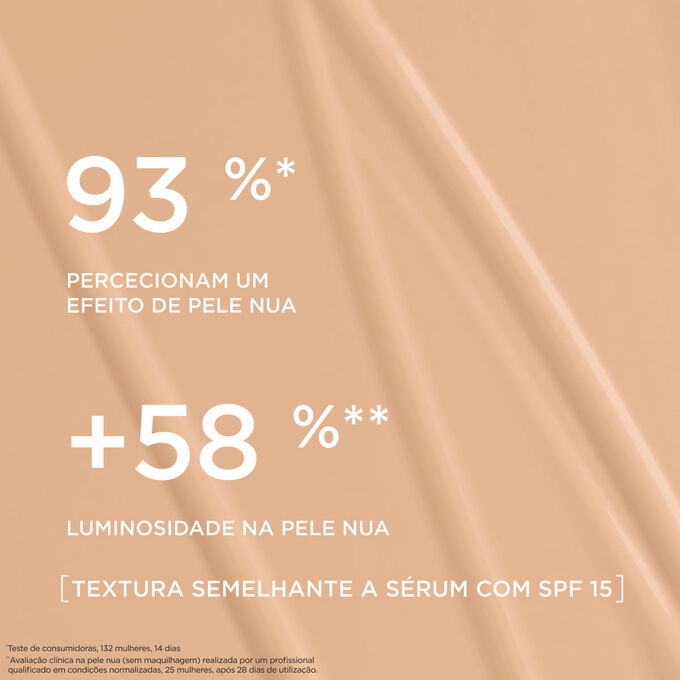 Esta base semelhante a s&eacute;rum proporciona um acabamento de base natural, real&ccedil;ando a luminosidade da pele em 93% das mulheres que a testaram.