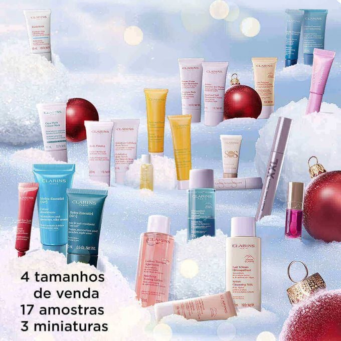 Calendário do advento Cuidados e Maquilhagem Clarins, 4 produtos tamanho de venda, 17 amostras e 3 minis essenciais Clarins