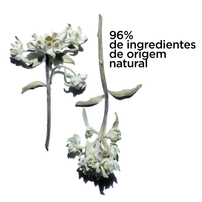 Imagem de flores edelvaisse sobre um fundo branco para ilustrar os 96% de ingredientes de origem natural do primer