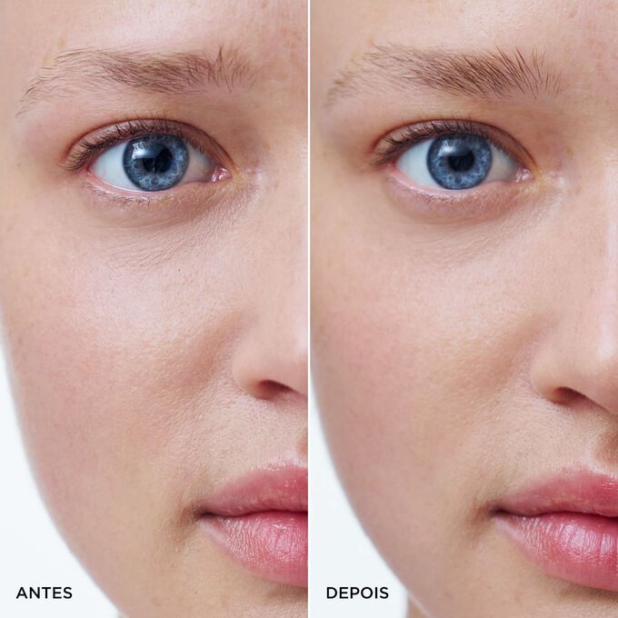 Antes e depois das sobrancelhas de uma mulher utilizando Clarins Clear Brow Gel, apresentando como resultado sobrancelhas mais preenchidas, definidas e naturais.