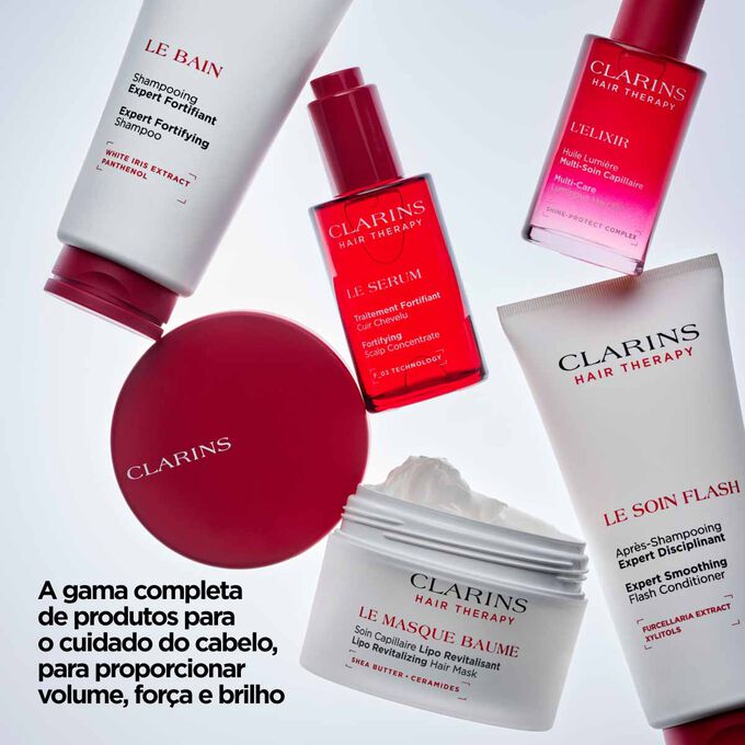 Gama completa Clarins Hair Therapy: cinco tratamentos para o couro cabeludo e o cabelo, para impulsionar o volume, a for&ccedil;a e o brilho.