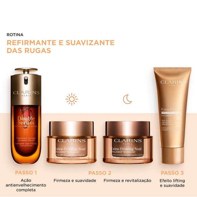 Rotina antienvelhecimento indispens&aacute;vel para o dia e para a noite, para o rosto, pesco&ccedil;o e decote: s&eacute;rum e creme antirrugas para uma firmeza vis&iacute;vel.