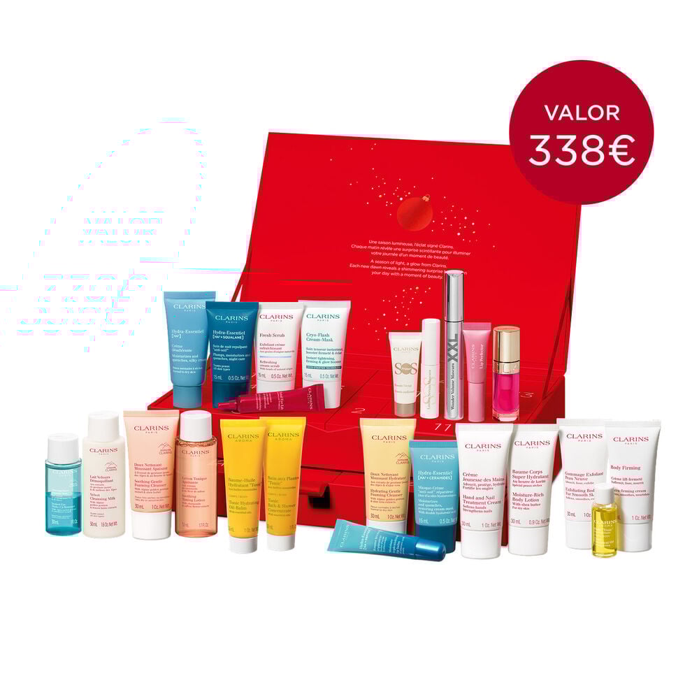 Calendário do Advento 24 Dias de Beleza Clarins, produtos essenciais para a rotina diária de beleza e cuidados para a pele