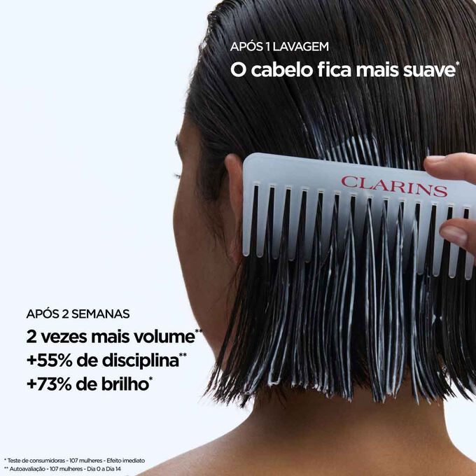 Resultados do condicionador suavizante no cabelo: o dobro do volume e mais setenta e tr&ecirc;s por cento de brilho, para um cabelo f&aacute;cil de pentear.