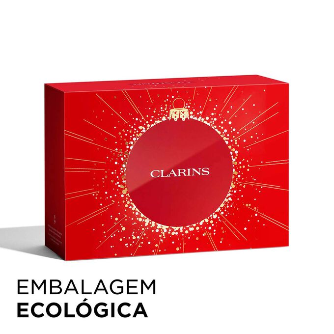 Imagem do coffret de Natal da Clarins com embalagem ecol&oacute;gica, que real&ccedil;a sustentabilidade e aten&ccedil;&atilde;o na oferta de presentes.