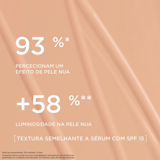 Esta base semelhante a s&eacute;rum proporciona um acabamento de base natural, real&ccedil;ando a luminosidade da pele em 93% das mulheres que a testaram.