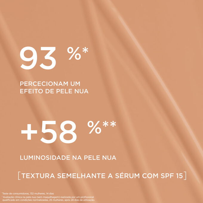 Esta base semelhante a s&eacute;rum proporciona um acabamento de base natural, real&ccedil;ando a luminosidade da pele em 93% das mulheres que a testaram.