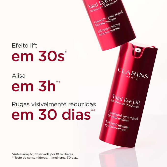 Imagem da embalagem de Clarins Total Eye Lift com texto destacando o seu efeito lift em 30s, alisamento em 3h e redução de rugas em 30 dias