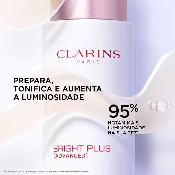 Foco no frasco de Clarins Bright Plus Advanced Lotion, real&ccedil;ando os benef&iacute;cios: prepara, tonifica e aumenta a luminosidade.