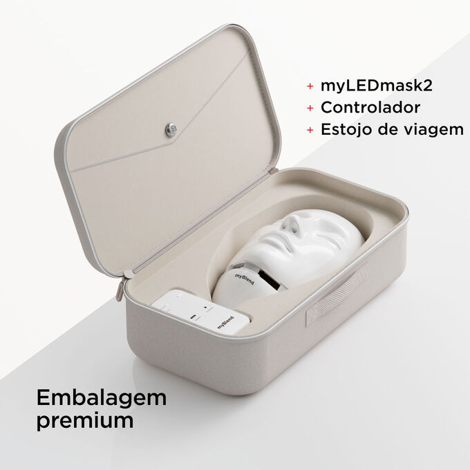Primeiro plano da embalagem premium da myLEDmask2, com o respetivo estojo de viagem e controlador