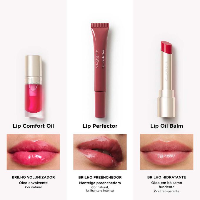 A gama completa de cuidados para os l&aacute;bios Clarins, que inclui o &oacute;leo hidratante original para os l&aacute;bios, juntamente com v&aacute;rias op&ccedil;&otilde;es para um acabamento personalizado com o &oacute;leo para os l&aacute;bios com cor.