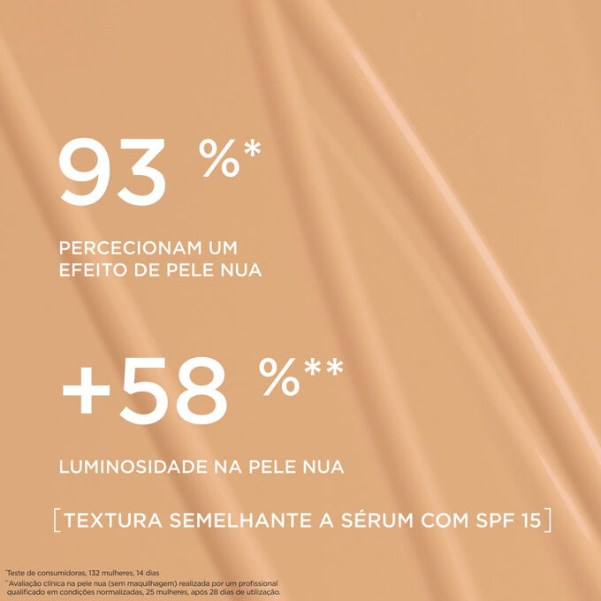 Esta base semelhante a s&eacute;rum proporciona um acabamento de base natural, real&ccedil;ando a luminosidade da pele em 93% das mulheres que a testaram.