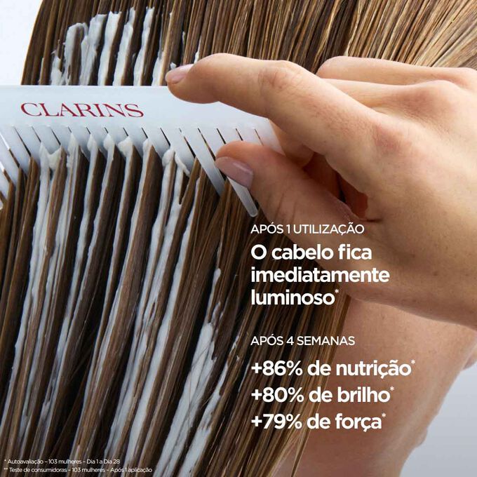 M&aacute;scara capilar para cabelo liso: mais oitenta e seis por cento de nutri&ccedil;&atilde;o e oitenta por cento de brilho, para um cabelo imediatamente sublimado.