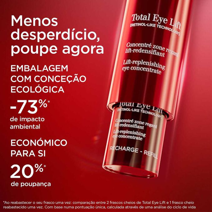 Grande plano da embalagem de Total Eye Lift destacando o seu formato de recargas ecológicas com menos 73% de impacto ambiental
