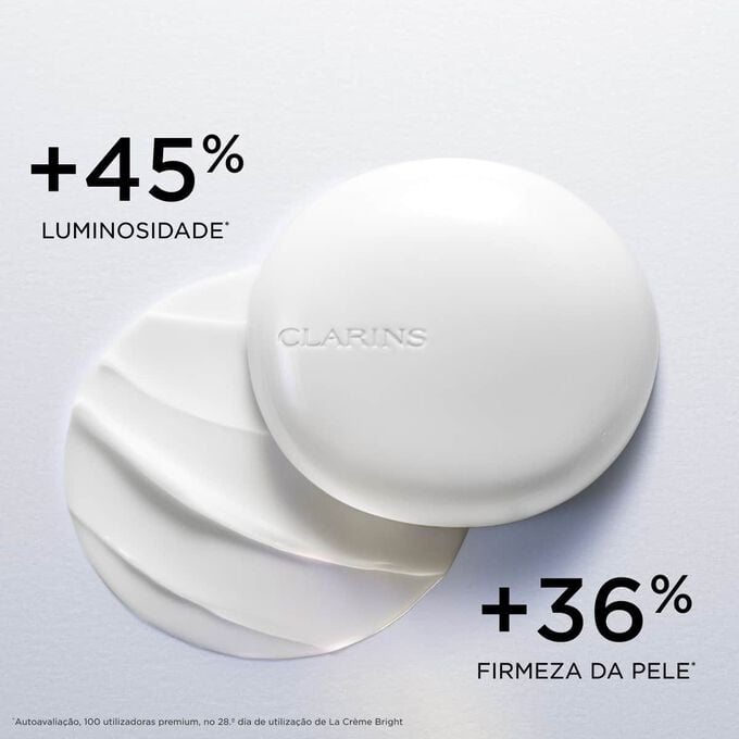 Imagem do creme hidratante facial Clarins Precious La Cr&egrave;me Bright, real&ccedil;ando os efeitos refirmantes e impulsionadores da luminosidade da pele.