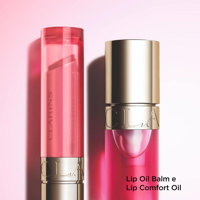 &Oacute;leo e b&aacute;lsamo de conforto labial Clarins: Um conjunto de dois produtos para os l&aacute;bios, proporcionando o m&aacute;ximo cuidado e hidrata&ccedil;&atilde;o.